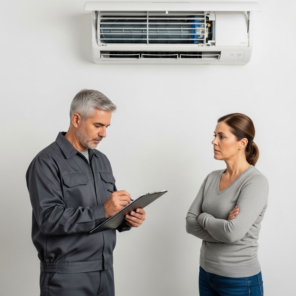 HVAC technician with clipboard talking to a woman, AC unit on the wall.