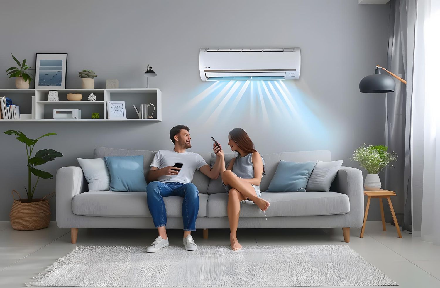 A man and a woman are sitting on a couch under an air conditioner in a living room.