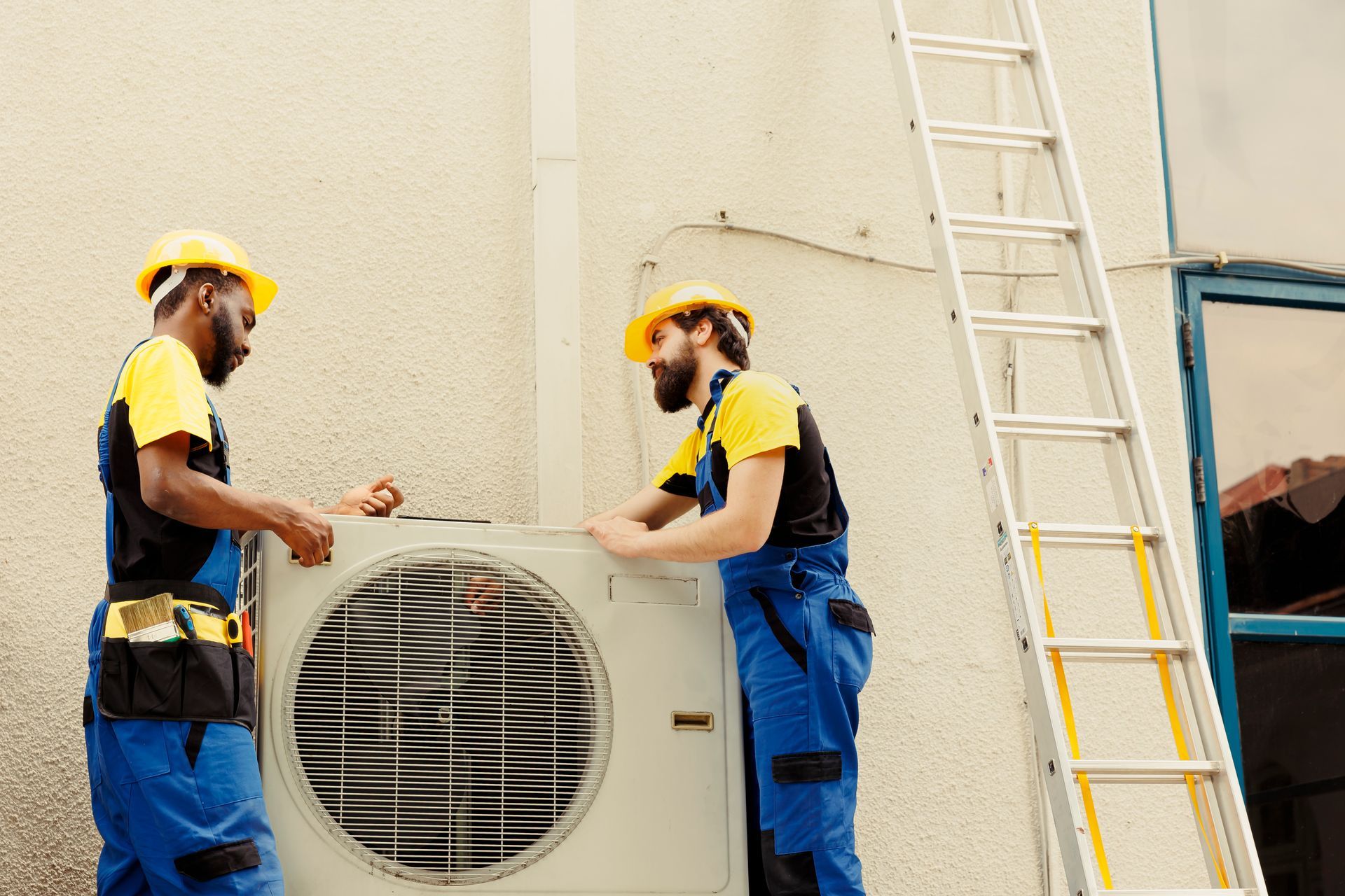 Two men are working on an air conditioner outside of a building.