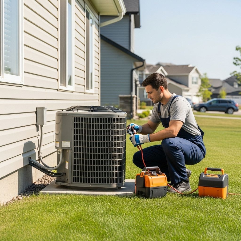 HVAC technician working on an AC unit outside a house on a sunny day.