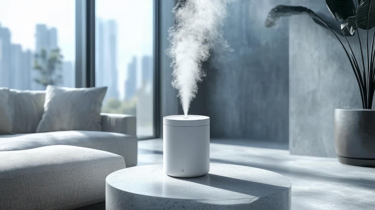 A white humidifier is sitting on a table in a living room.