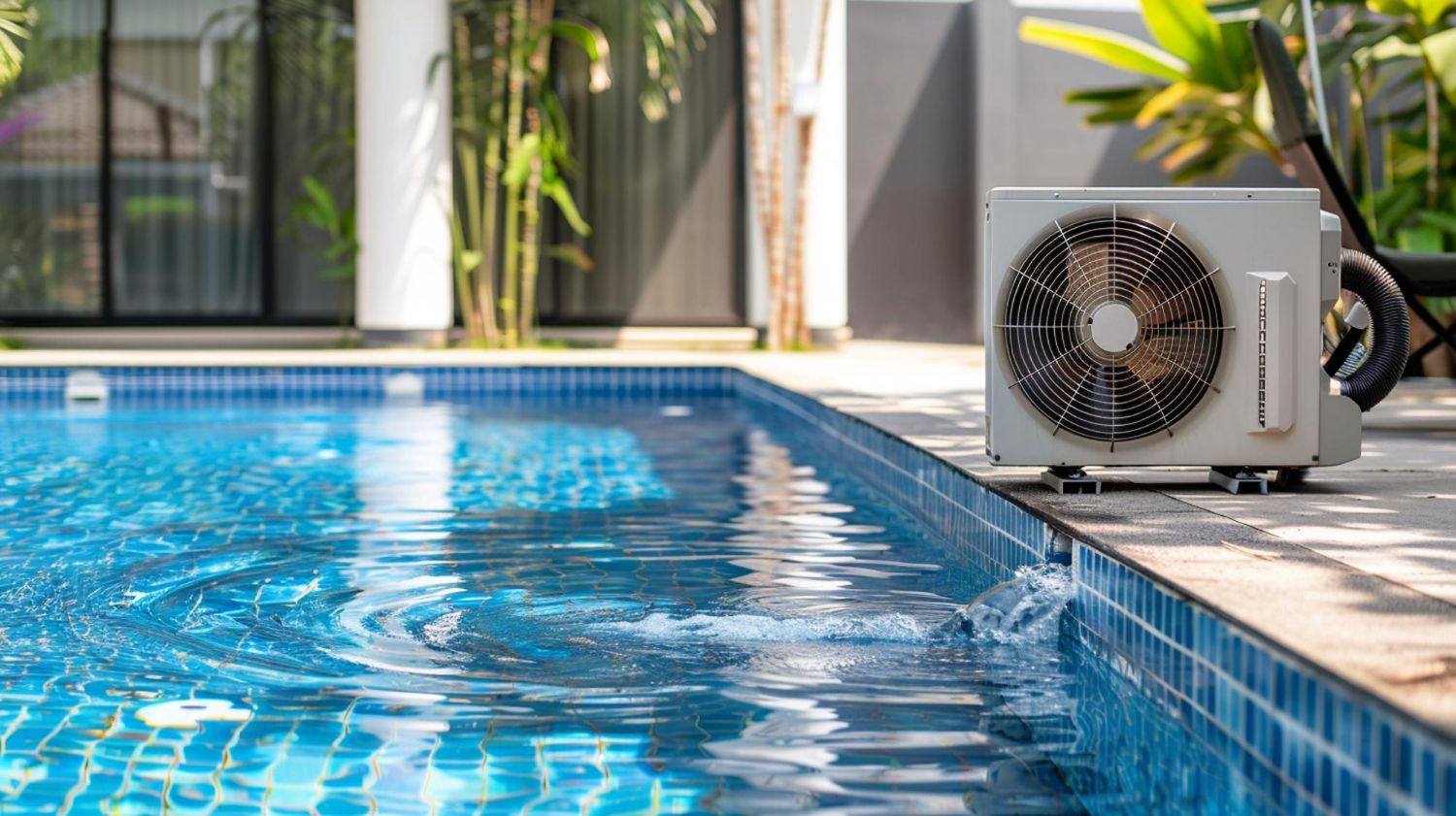 An air conditioner is sitting next to a swimming pool.