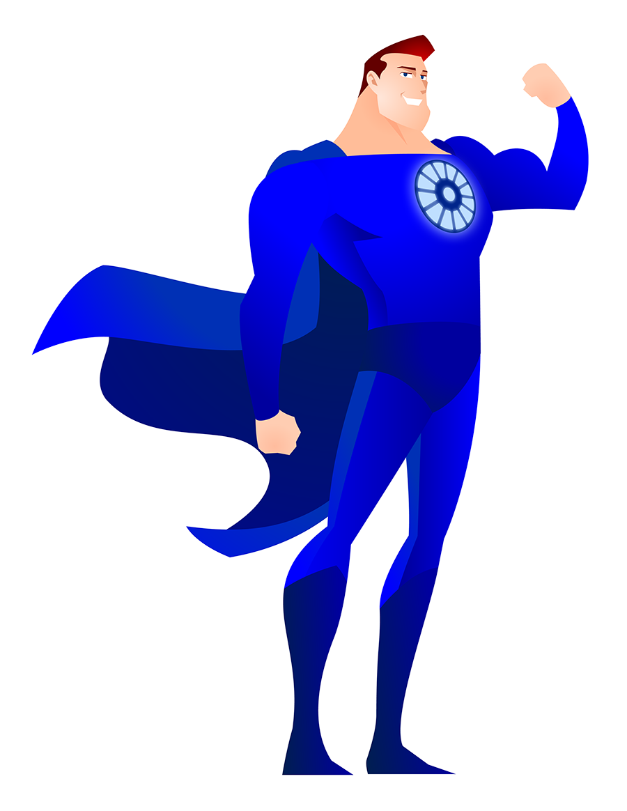 A man in a blue superhero costume with a cape.