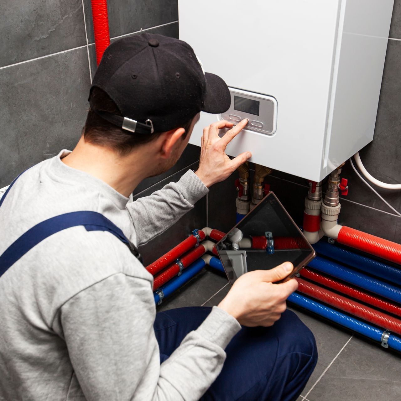 a man is kneeling down in front of a boiler and looking at a tablet .