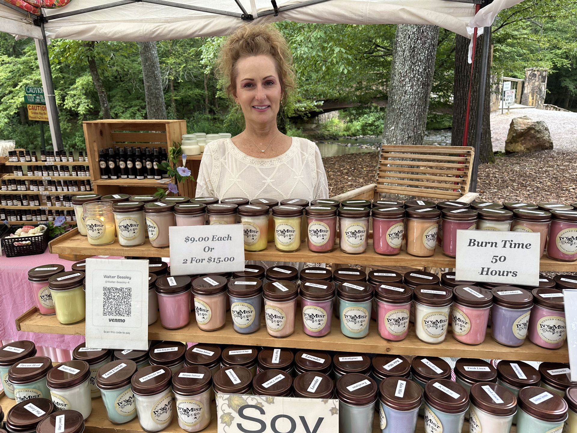A vendor's white tent with products on display