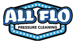Logo for All Flo Pressure Cleaning, blue and white text in an outlined hexagon.