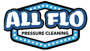 Logo for All Flo Pressure Cleaning, blue and white text in an outlined hexagon.