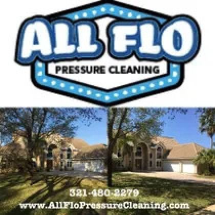 Logo for All Flo Pressure Cleaning above a split before/after photo of a house.