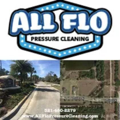 Logo for All Flo Pressure Cleaning. Below, a street view and aerial view of a property, with phone number and website.