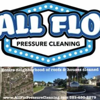 Logo: All Flo Pressure Cleaning, blue and white text. Photos of cleaned houses, neighborhood. Website, phone number.