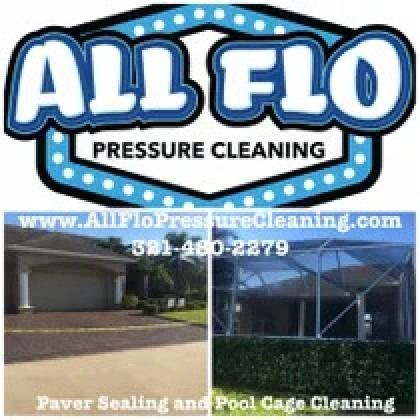 All Flo Pressure Cleaning logo; website and phone number displayed; images of driveway and pool cage cleaning.