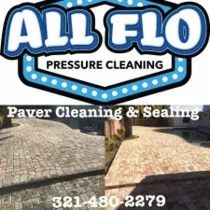 Logo for All Flo Pressure Cleaning with paver cleaning examples; a before & after. Phone number: 321-480-2279.