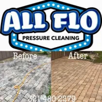 Before and after pressure washing paving stones by All Flo. Phone number: 321-480-2279.