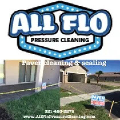 All Flo Pressure Cleaning logo over a house and driveway being cleaned. Phone number and website also present.
