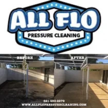 All Flo Pressure Cleaning logo and before/after photo comparison of a patio cleaning; dark and dirty to bright and clean.