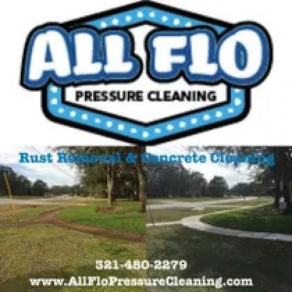 Logo: All Flo Pressure Cleaning; rust removal and concrete cleaning services; before and after of a path.