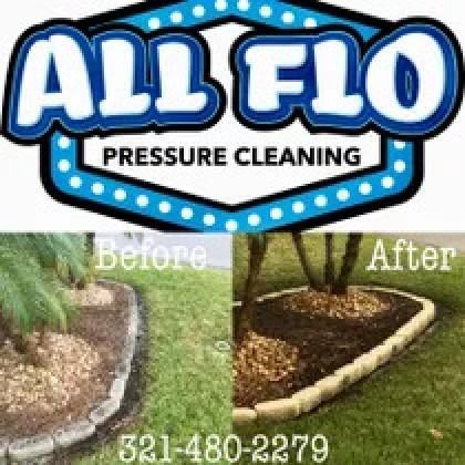 Logo for All Flo Pressure Cleaning above before/after of cleaned landscape bed. Phone: 321-480-2279.