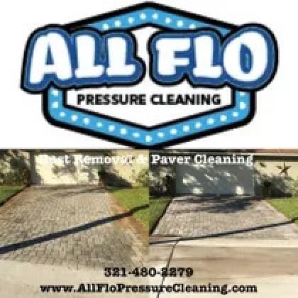Before and after of paver cleaning by All Flo Pressure Cleaning, showing stain removal.