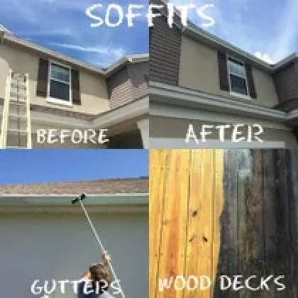 Before and after shots of soffit cleaning, gutter cleaning, and wood deck staining.