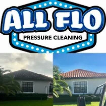 Logo: All Flo Pressure Cleaning over a house cleaning before & after: dirty vs. clean.