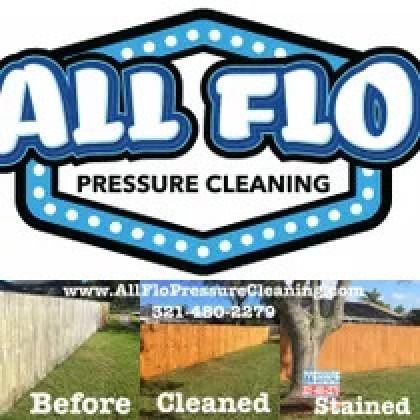 Logo for All Flo Pressure Cleaning with before/cleaned/stained fence sections.