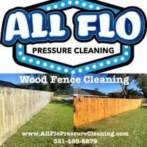 Before/after wood fence cleaning: All Flo logo with website and phone number.
