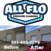 Before and after shots of commercial building pressure washed by All Flo, 321-480-2279.