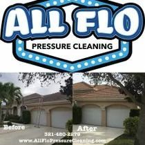 Logo of All Flo Pressure Cleaning above a before/after of a house being cleaned; white and blue logo, beige house.