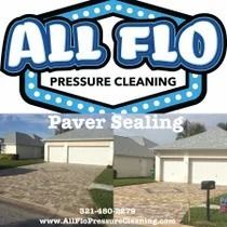 All Flo Pressure Cleaning logo over a split image showing a driveway before and after paver sealing.