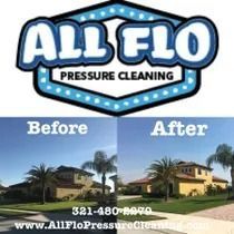 Before and after comparison of a house cleaned by All Flo Pressure Cleaning; logo is at the top.