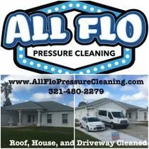 Logo for All Flo Pressure Cleaning with website and phone number, plus photos of cleaned house and driveway.