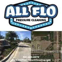 All Flo Pressure Cleaning logo above photos of a road and a field. Phone number: 321-480-2279.