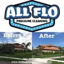All Flo Pressure Cleaning logo above a house before/after pressure washing.