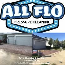 Logo for All Flo Pressure Cleaning above a before/after photo of a driveway cleaning.