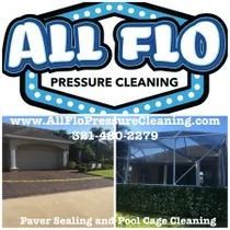 Logo for All Flo Pressure Cleaning with website and phone, plus photos of cleaning services.