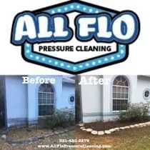 Logo for All Flo Pressure Cleaning and a before/after of a house exterior.