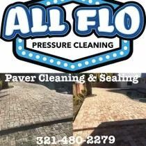 Logo for All Flo Pressure Cleaning, before and after of paver cleaning.  Phone number is listed.