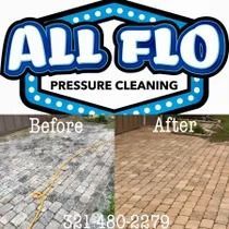 Logo for All Flo Pressure Cleaning with before/after paving stone cleaning comparison.