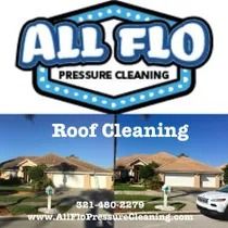Logo: All Flo Pressure Cleaning. Before/after roof cleaning comparison of a house.