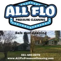 Logo for All Flo Pressure Cleaning, with before/after house roof cleaning.