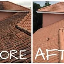 Before and after photos of a terracotta tile roof, cleaned to remove dark discoloration.
