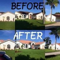 Before and after photos of a house, showing lawn and exterior improvements.