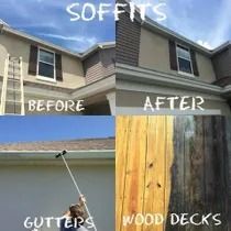 Side-by-side comparison: Before and after cleaning of a house's soffits, gutters, and wooden deck.