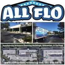 All Flo logo over commercial pressure cleaning photos: buildings, trucks, and map.