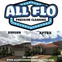 Before and after photos of a house cleaned by All Flo Pressure Cleaning. Blue logo with contact info.
