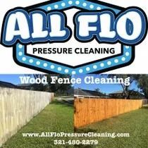 Before and after of a wood fence cleaning. The left side is dirty, the right side is clean. All Flo Pressure Cleaning logo.