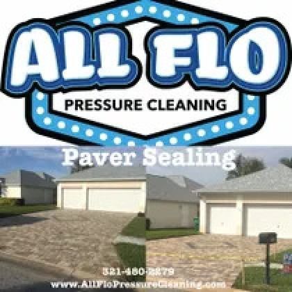 Logo for All Flo Pressure Cleaning with before/after paver sealing photos.