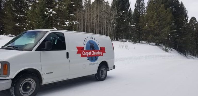 A white van is parked in the snow in the woods.
