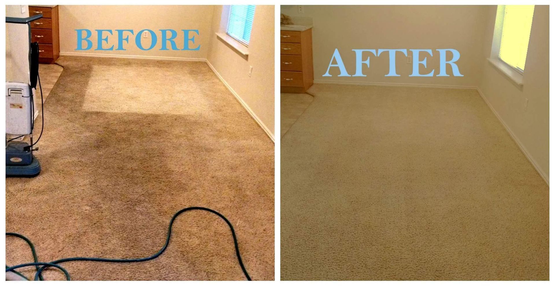 A before and after photo of a carpeted floor