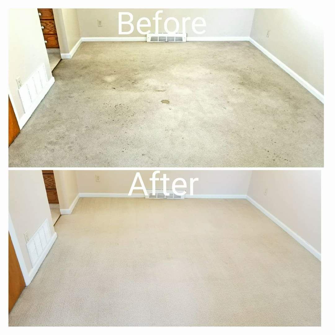 A before and after photo of a carpeted floor